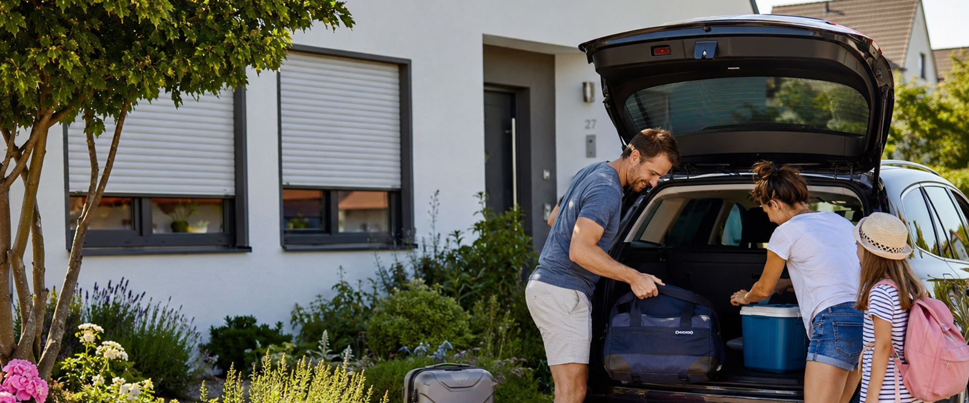 Haus mit halb geschlossenen Rollladen - Familie beim Auto packen, die sich eine Sorge um die Sicherheit der Rollladen macht